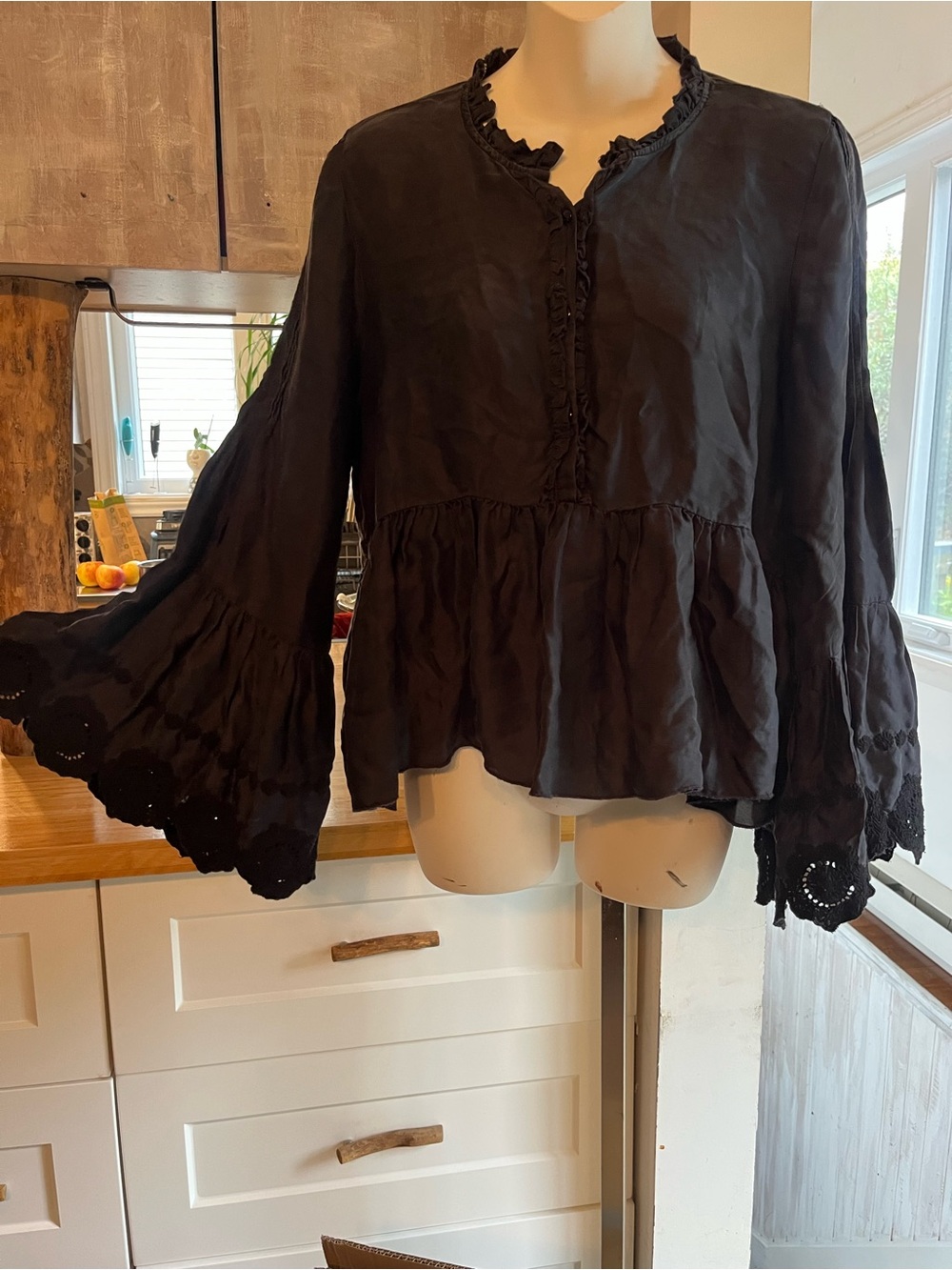 Zara Woman Black Boho Bell Sleeve Ruffle Blouse Size M